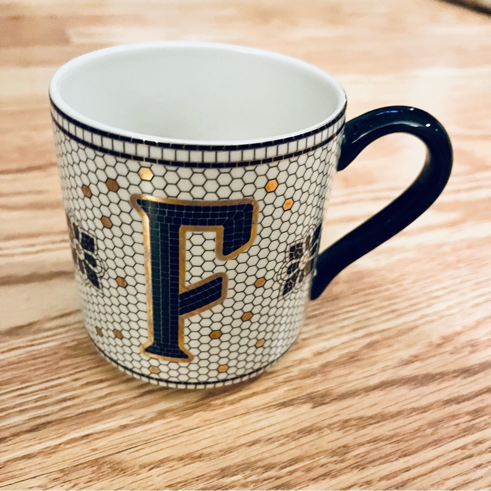 NWOT Anthropologie F Coffee Cup Large WHITE BLACK & GOLD ART DECO STYLE